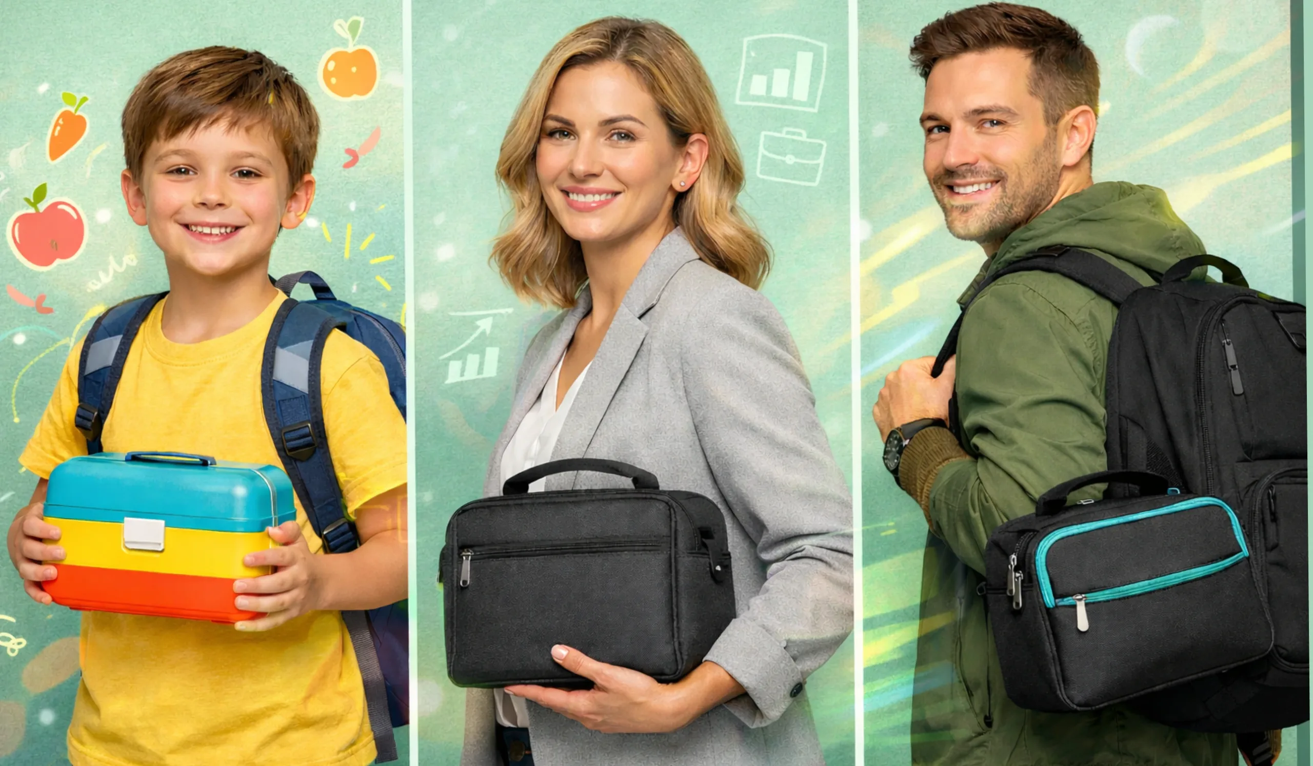 Une bannière en trois parties présentant un enfant, une femme en tenue professionnelle et un homme avec un sac à dos, chacun tenant un modèle de lunch box différent. L'enfant porte une boîte bento tricolore, la femme un sac isotherme noir élégant, et l'homme un sac noir avec des finitions bleu turquoise.