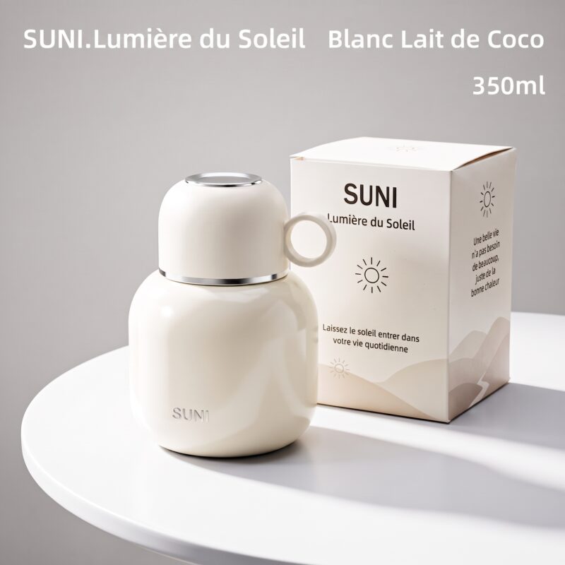 Gourde isotherme compacte 350 ml pour femme disponible en trois coloris : blanc, jaune et rose avec paille